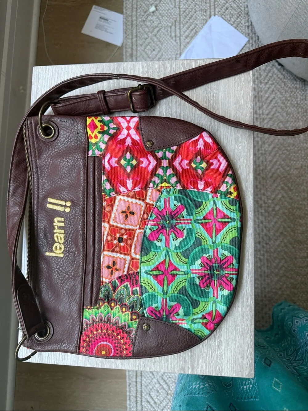Desigual Multicolor Floral Geo Patch Crossbody with Brown Trim - Picture 9 of 17